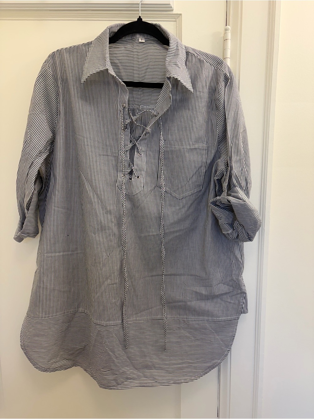 Lace-Up Button Down Tunic Shirt Dress - Black/White Stripe
